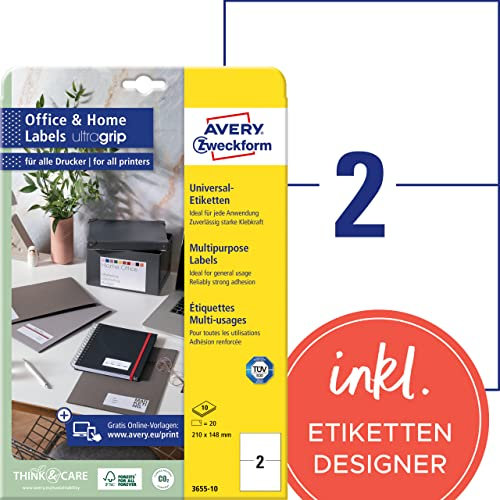 AVERY Zweckform 3655-10 Universal Etiketten (20 Adressaufkleber, 210x148mm auf A4, bedruckbare Versandetiketten, selbstklebende Klebeetiketten mit ultragrip, DHL, fürs HomeOffice) 10 Blatt, weiß