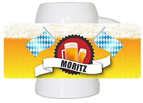 Bierkrug mit Name Moritz und schönem Bier-Motiv mit blau-weißen Flaggen | Bier-Humpen | Bier-Seidel