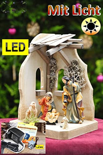 Oelbaum Weihnachtskrippe mit Figuren, 12tlg., inkl. Premium-Krippenfiguren, inkl. Beleuchtungsset, mit Beleuchtung Laterne, LED, komplett mit Trafo + 5er-Steckerleiste + Anschlusskabel - Komplettset