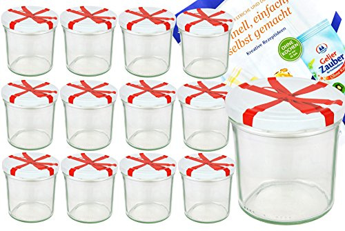 MamboCat 12er Set Sturzglas 350 ml to 82 weißer Deckel mit Schleifendekor incl. Diamant Gelierzauber Rezeptheft Marmeladenglas Einmachglas Einweckglas