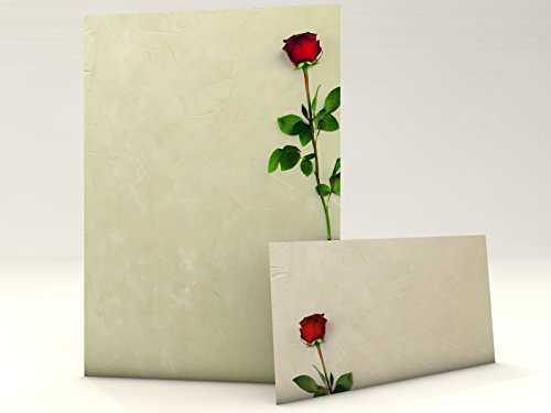 Rote Rose, 100-tlg. Komplett-Set:50 Blatt Motivpapier + 50 Umschläge DIN LANG