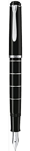 Pelikan 948448 Kolbenfüllhalter Classic M215 Ringe, Edelstahlfeder, F, schwarz/silber
