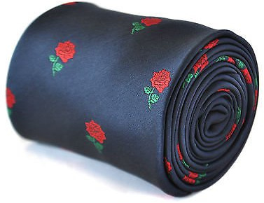 Frederick Thomas Men's Handmade Navy Dark Blue Rugby Style Traditional Red Rose Floral Tie with 147cm length, Stylish Design Perfect for Weddings, Dinners, Workwear, Classic 8cm Width