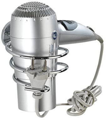 WENKO Haartrocknerhalter Mod. Cuba, Elegante Föhnhalterung mit integriertem Kabelhalter, Massive Qualität aus rostfreiem Zinkdruckguss mit glänzendem Finish, 10 x 8 x 14 cm