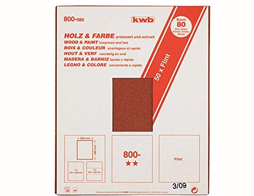 kwb Flint-Schleifpapierbogen 230x280 mm aus Quarzsand mit Körnung 80, guter Verleimung und robustem Papierträger für den groben Schliff von Holz und Farbe