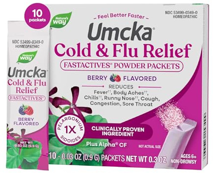 Nature's Way Umcka Cold and Flu Relief FastActives, Portable Non-Drowsy Multi-Symptom Relief Powder, Homeopathic Cold Medicine and Remedy Shortens & Reduces Severity, Berry-Flavored, 10 Packets