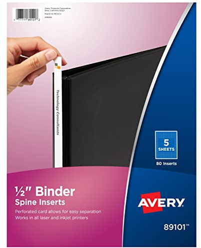 Avery Binder Spine Inserts, for 1/2 Inch Ring Binders with 0.7 Spine Width, 80 Cardstock View Binder Spine ID Inserts (89101)