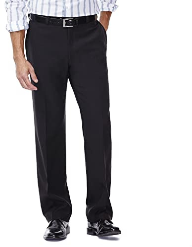 Haggar Mens ECLO Stria Expandable-Waist Plain-Front Dress Pants, Black, 34W x 34L US