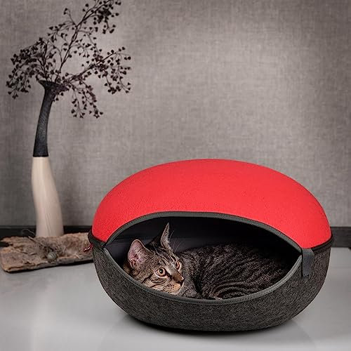 CanadianCat Company | Katzenhöhle, Katzennest in Rot anthrazit grau - das Katzenbett mit Stil Kuschelhöhle für Katzen