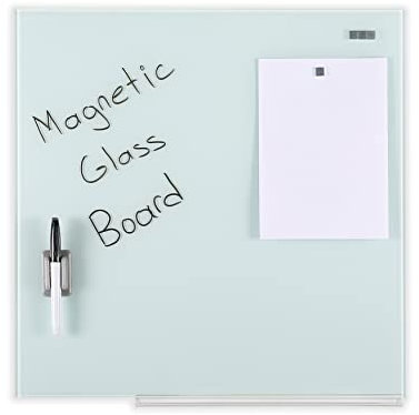 M&T Displays Tableau d'écriture en verre trempé effaçable à sec avec marqueur pour tableau blanc, 45 x 45 cm, 4 broches magnétiques pour bureau, école, maison, enfants