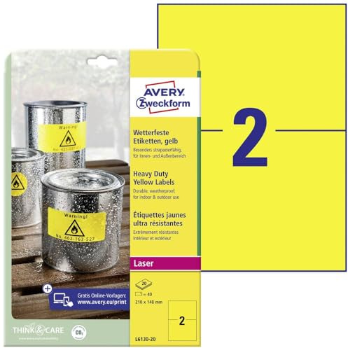 AVERY Zweckform L6130-20 Wetterfeste Folienetiketten (40 Signalaufkleber, 210x148mm auf A4, extrem stark selbstklebend, wasserfest, strapazierfähig, bedruckbare Outdoor Klebefolie) 20 Blatt, gelb