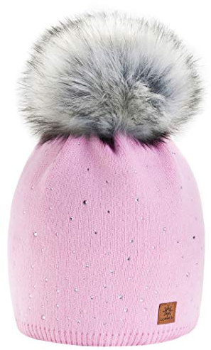 morefaz Wurm Winter Strickmütze Mütze Damen Kristalle Kiesel mit Große Bommel Pompon l SKI (Pink) (MFAZ Ltd)
