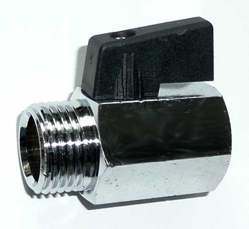 MINI Kugelhahn Größe 3/8 Innen x Aussengewinde Messing-verchromt mit Flügelgriff aus Kunststoff