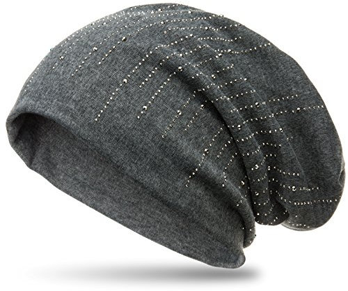 Caspar MU142 Beanie Mütze mit stylischen Strass Streifen und warmem Flanell Stoff, Farbe:dunkelgrau, Größe:One Size