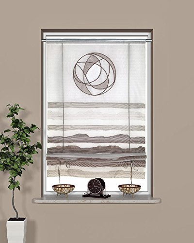 Gardinen Röttger Bändchenrollo rohweiß mit Stickerei nugat Scheibengardine