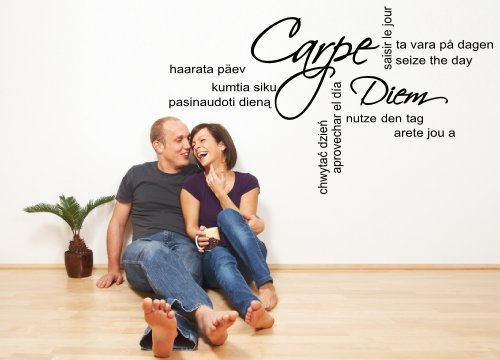 XL Wandtattoo für Ihr Wohnzimmer, 68051-100x58 cm, ~ Schriftzug: Spruch CARPE DIEM in verschiedenen Sprachen - Nutze den Tag ~ Wandaufkleber Aufkleber für die Wand, Fliesen, Tapetensticker aus Markenfolie, 32 Farben wählbar