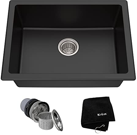 KRAUS Quarza 24-inch Kitchen Sink Drop-In/Undermount Single Bowl Granite Kitchen Sink Black Onyx, KGD-410B