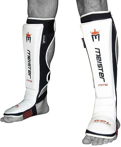 Meister MMA Edge Schienbeinschoner aus Leder mit Gelpolsterung, Weiß, Größe L/XL
