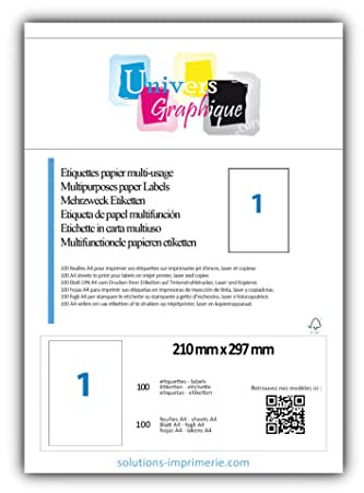 100 feuilles A4 papier adhésif blanc - Étiquette autocollante 210x297mm - planche adhésive permanente de 1 etiquette marque UNIVERS GRAPHIQUE- UGEA4 FACTURE AVEC TVA DÉDUCTIBLE