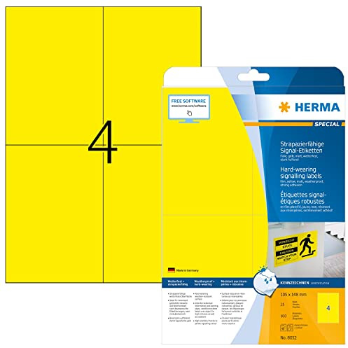 HERMA Self Adhesive Heavy Duty Weatherproof Foil Labels, 4 Labels Per A4 Sheet, 100 Labels For Laser Printers, 105 x 148 mm (8032), Yellow