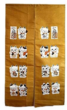 Lachineuse - Noren Japanische Katze Maneki Neko – japanischer Vorhang Katze Nie – Dekoration für Tür & Wände – Wandteppich – 84 x 144 cm – traditionelles Japanisches Bild – Farbe Gelb & Gold