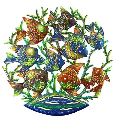 Global Crafts 61 cm recyceltes handgefertigtes haitianisches Metall Wandkunst Meeresleben Schule Fisch