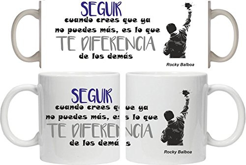 Taza Rocky Seguir te Diferencia 325 ml | Cerámica Premium | Doble cara con frase motivadora “Seguir cuando crees que ya no puedes más…” | Regalo inspirador para fans del cine