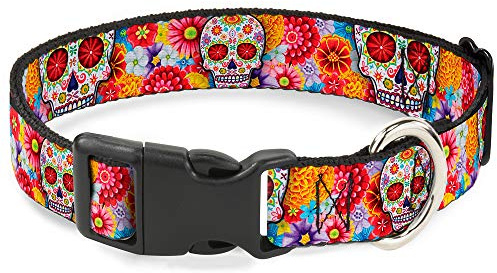 Buckle-Down Plastic Clip Collar - Sugar Skull Starburst White/Multi Color - 1.5 Wide - Fits 16-23 Neck - Medium