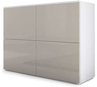 Vladon Sideboard Rova, Made in Germany, Kommode mit 4 Türen, Weiß matt/Sandgrau Hochglanz (92 x 72 x 35 cm)
