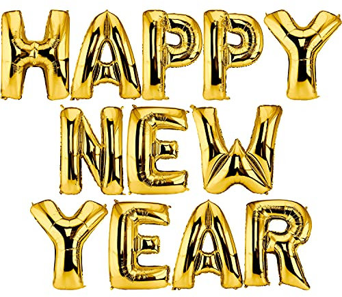 DekoRex® HAPPY NEW YEAR Girlande Buchstaben Ballons Folienballons Luftballons Silvester Neujahr Höhe: ca. 40cm in Gold