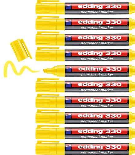 edding 330 permanent marker - yellow - 10 pens - chisel tip 1-5 mm - waterproof, quick-drying, smear-proof pens - for cardboard, plastic, glass, wood, metal and fabric