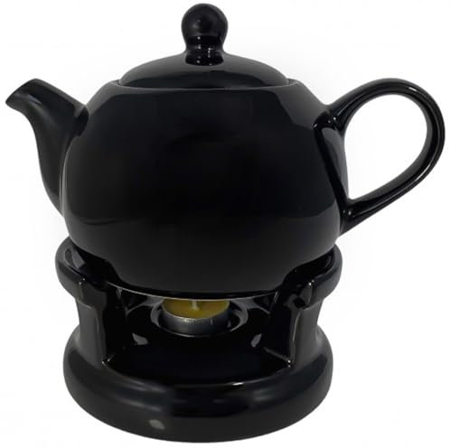 Wamat Teekanne Stövchen Set elegant modern Design in Schwarz, Keramik, 1 L, ca. 20 cm