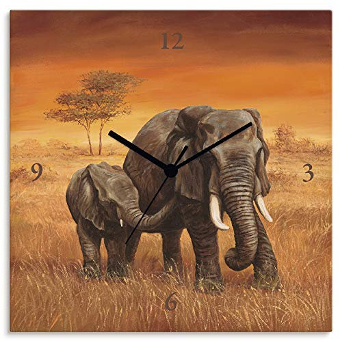 ARTLAND Wanduhr ohne Tickgeräusche Alu Funkuhr 30x30 cm Quadratisch Lautlos Afrika Elefant Tiere Safari Urlaub Kolonialstil T4JT