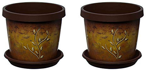 Home Garden Ornaments Set of 2 coloured plant pots with saucer 13cm - 4.3 inch Terracotta Branch