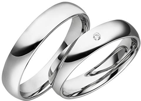 JC Trauringe 925er Sterling Silber Paar-Preis I Ehe-Ringe inkl. kostenloser Gravur I Verlobungsringe 4,5 mm breit inkl. Etui I Herren-Ring ohne & Damen-Ring mit Zirkonia-Stein I Gr. 48 bis 72 I S069