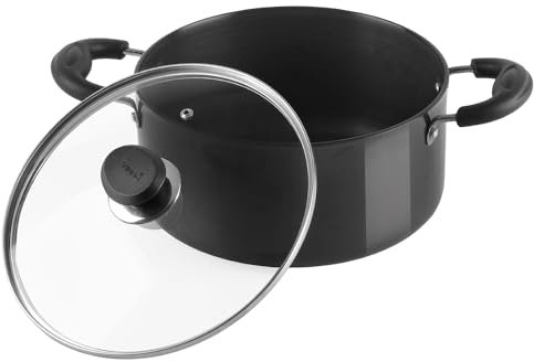 Vinod Black Pearl Hard Anodized Stewpot with Toughened Glass Lid – 8.6L, 28 cm | Ideal for Soups, Curries, Stews & Batch Cooking | Gas Stove Compatible | 3.25mm Thick | Riveted Sturdy Handles - Black
