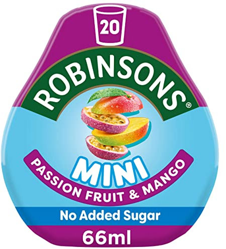 Robinsons Mini – Sans sucre ajouté – Faible teneur en calories – Fruit de la passion et mangue – Pour 20 boissons par paquet