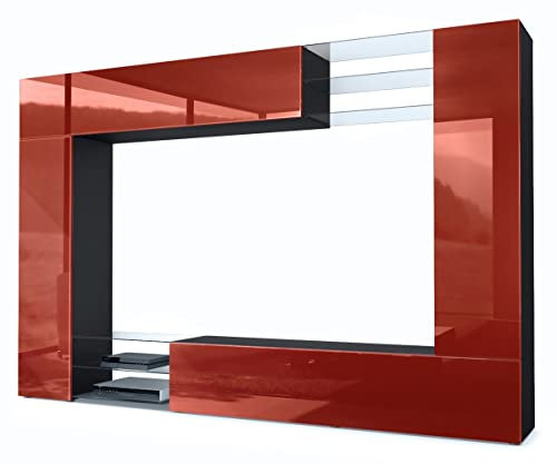 Vladon Wohnwand Mirage, Made in Germany, Anbauwand mit Rückwand mit 2 Türen, 2 Klappen und 6 offenen Glasablagen, Schwarz matt/Bordeaux Hochglanz (262 x 183 x 39 cm)
