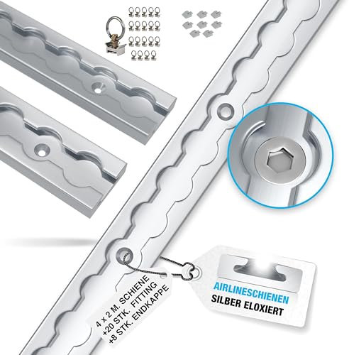Riel de aluminio para aerolíneas de 4 x 2 m con accesorios + tapas de extremo, rectangular con agujeros, seguridad de carga para camiones y autocaravanas, riel de amarre perforado, anodizado plateado