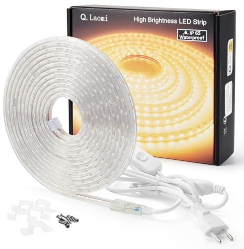 Q.Laomi Striscia LED con Interruttore, Striscia LED 220v senza Trasformatore, Impermeabile IP65 LED Striscia Adesiva Strip LED, 5M, Bianco Caldo