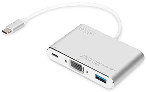 DIGITUS USB Typ-C Multiport Grafik Adapter, USB Type-C zu VGA + USB A 3.0 + USB C, Ladefunktion, Full HD 75Hz, Aluminium, 51x80x14mm