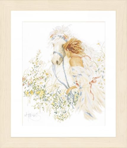 Lanarte Kreuzstich Stickpackungen Gezählter Kreuzstichbilder Set PFERD UND BLUMEN Wanddekoration Handarbeit Set für Erwachsene 39 x 49 cm DIY Deko Bastelset Handwerker Kreative Geschenkset