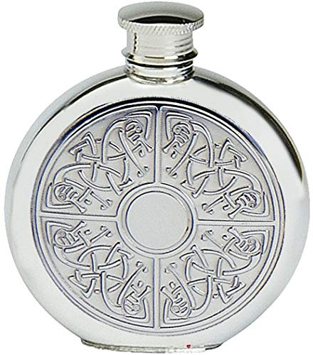 Pewter Round Flask Celtic Quad Design 6oz Screw Top Pewter