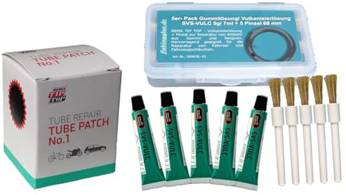 REMA TIP TOP 30 Schlauchflicken Ø 35 mm (Größe 1) + 5 Tuben SVS Vulkanisierlösung 7 ml + 5 Stück Pinsel 68 mm lang