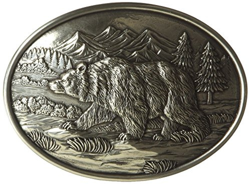 Nocona Men's Mountain Grizzly Oval Belt Buckle, Embossed Bear Scene, Antique Silver Finish, 3 x 4 Inch