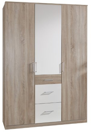 Wimex Kleiderschrank/ Drehtürenschrank Click, 3 Türen, 2 große, 1 kleine Schubladen, (B/H/T) 135 x 199 x 58 cm, Eiche Sägerau/ Absetzung Weiß