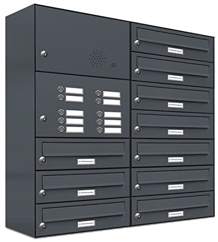AL Briefkastensysteme 10er Briefkastenanlage mit Klingel Anthrazit Grau RAL 7016, Premium Briefkasten DIN A4, 10 Fach Postkasten modern Aufputz