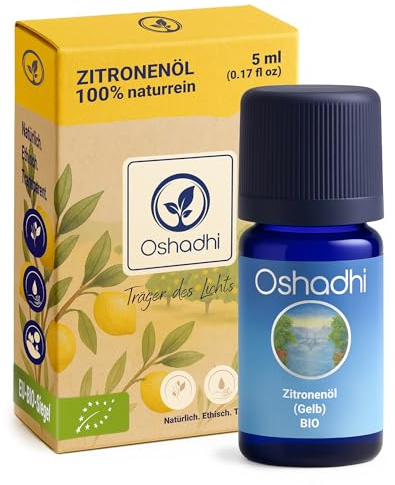Oshadhi EU-Bio Zitronenöl Gelb 5ml, 100% naturreines ätherisches Öl, Erfrischender Zitrusduft für Aromatherapie, Küche & Reinigung, Tierversuchsfrei & Recycelbare Verpackung, Duftöl Zitrone