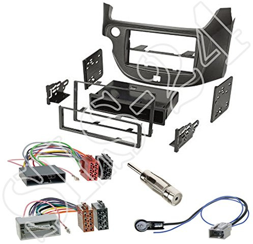 Einbauset : Autoradio Doppel-DIN 2-DIN Radioblende Radio Blende Halterung mit Ablagefach anthrazit metallic + ISO Radioanschlusskabel Radio Adapter + Antennenadapter für Honda Jazz 2009-2013