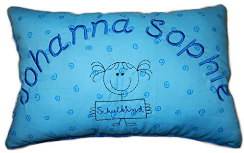 Momelie Blaues Schmusekissen * Kuschelkissen * Einschulung * mit Namen Bestickt * 17 x 29 cm * SK-bl_0089